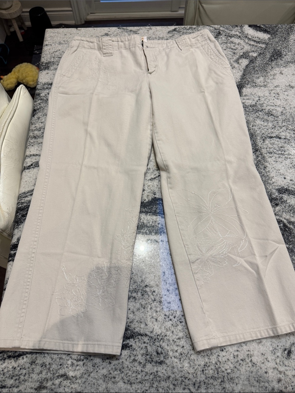 Women's Beige Embroidered Cotton Pants